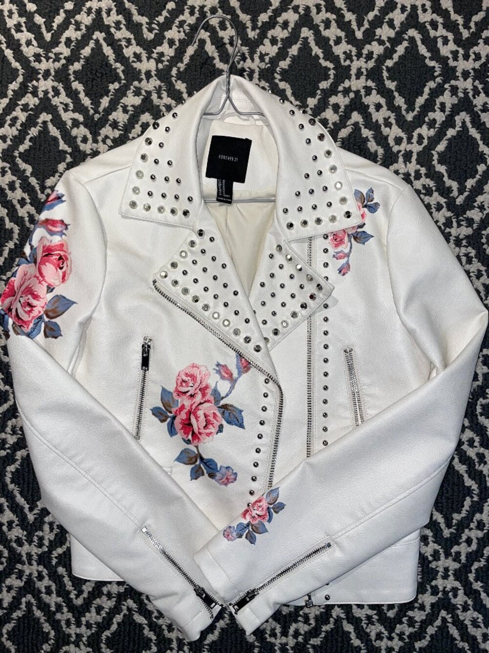 Studded floral white faux leather jacket M